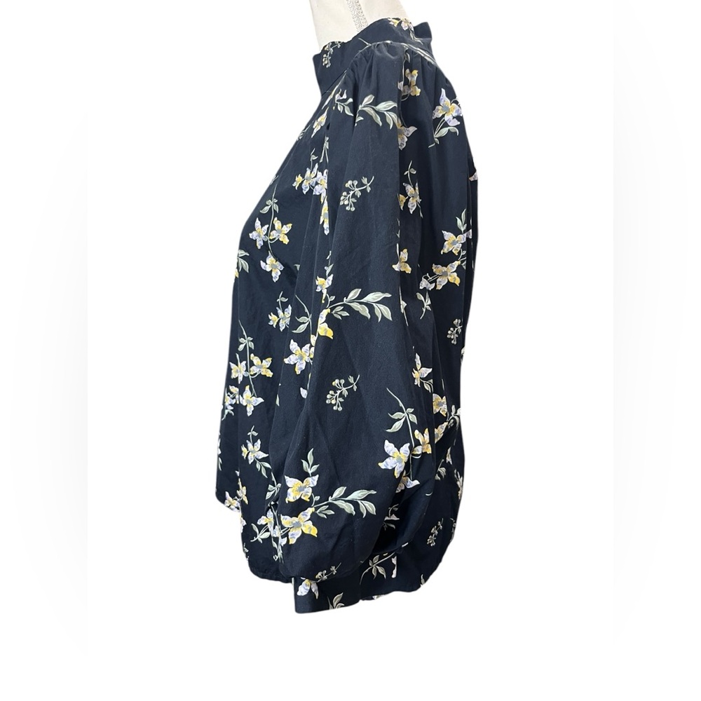 Levi’s Navy Floral Puff Sleeve Blouse XL High Neck Cotton Back Zip Top - Picture 3 of 11